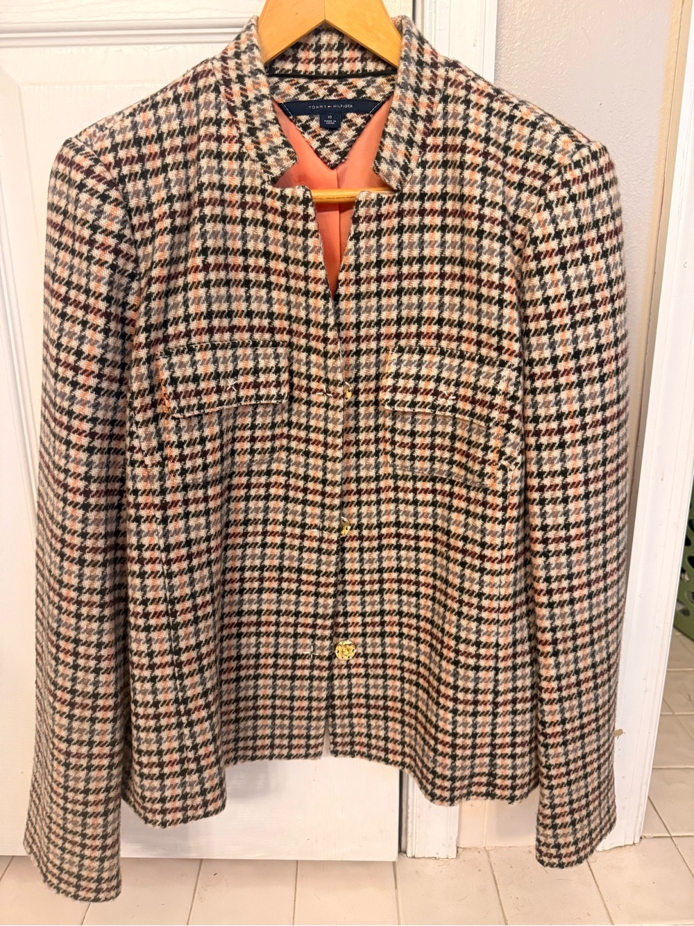 Tommy Hilfiger Beige, Black & Rust Houndstooth Collarless Blazer